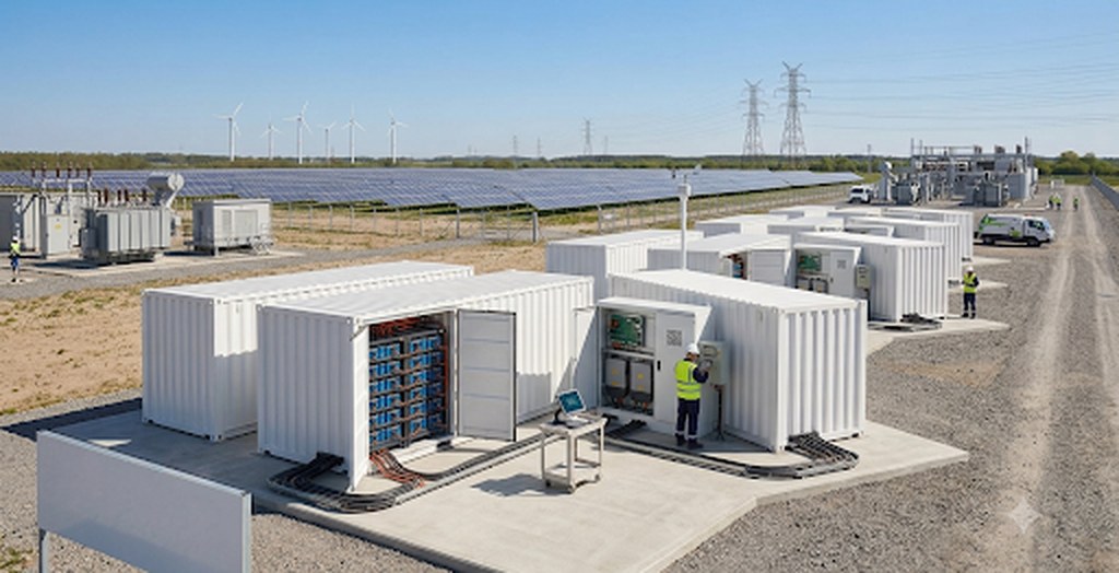 Container battery storage yard with technicians