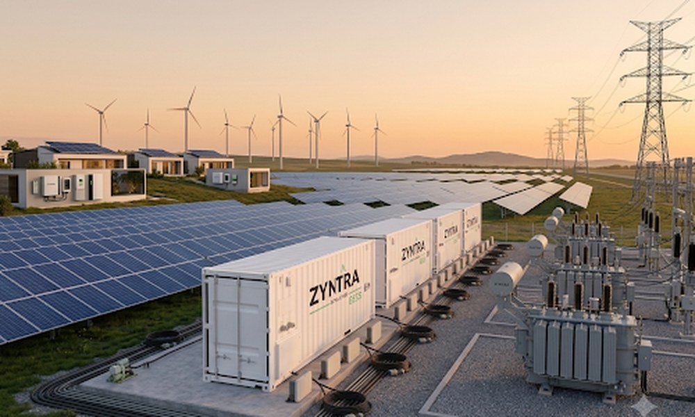 Containerised battery storage beside a solar array