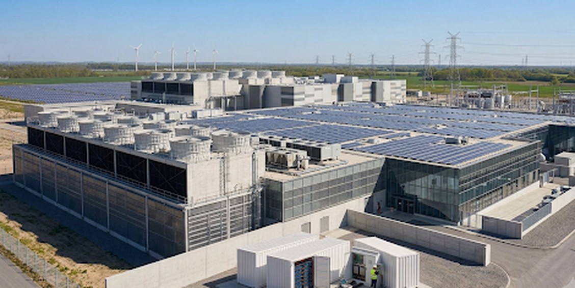 Data-centre campus with rooftop solar and container battery storage