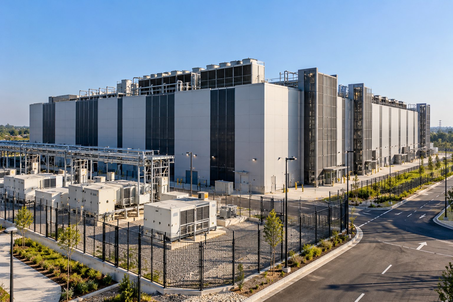 Data-centre building with cooling plant and generator yard