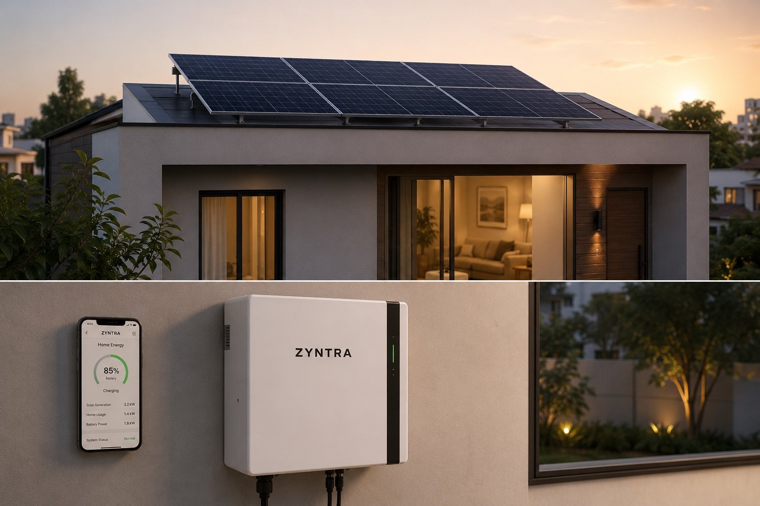 Home with rooftop solar and a wall-mounted battery unit