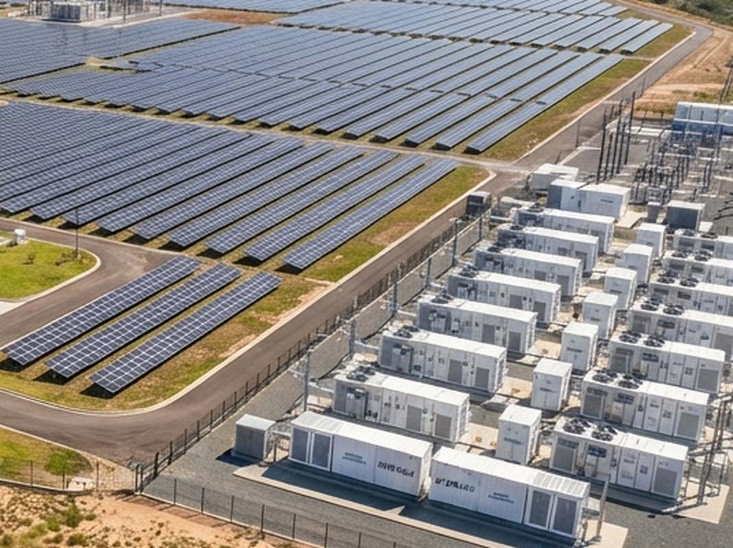 Industrial campus with a ground-mounted solar array and a container battery yard