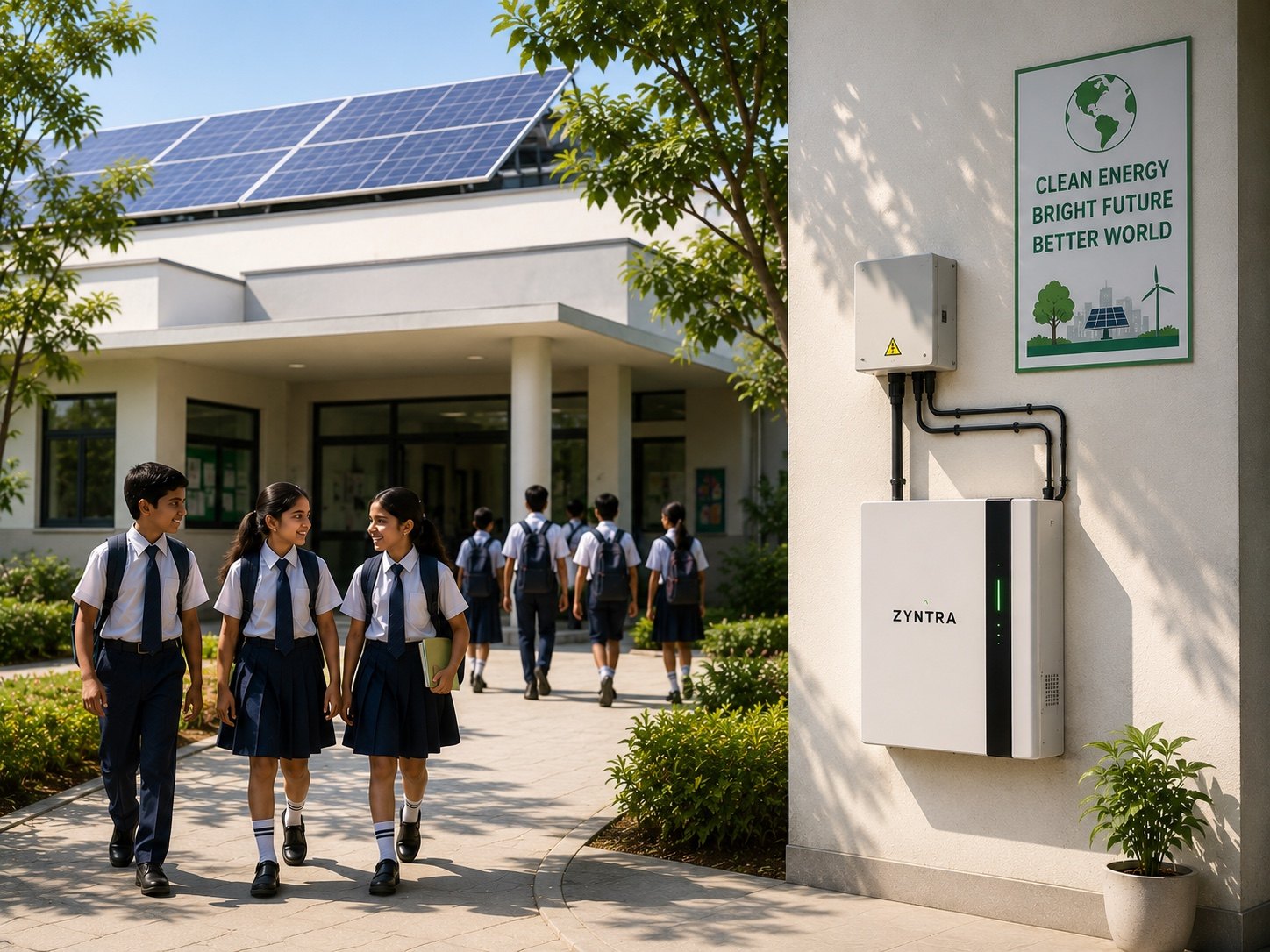 Rooftop solar and a wall-mounted storage unit at a school building