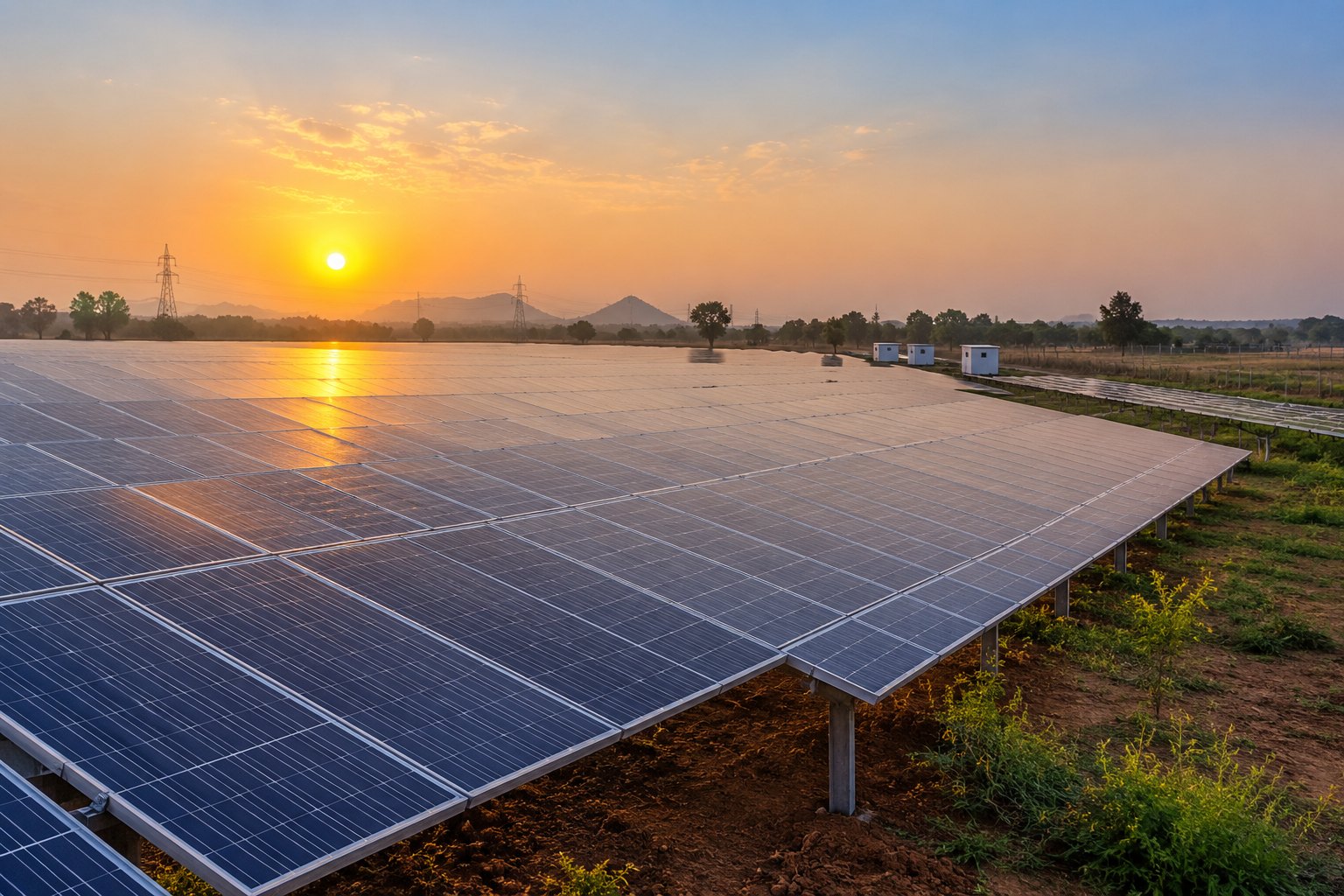 Ground-mounted solar plant at sunset