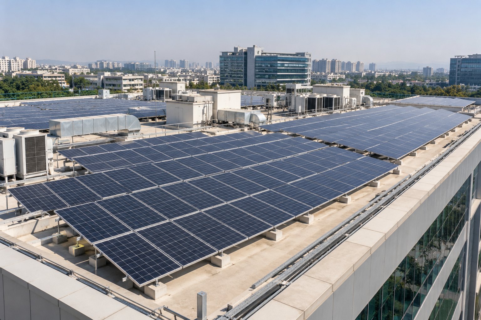 Rooftop solar array on an industrial building