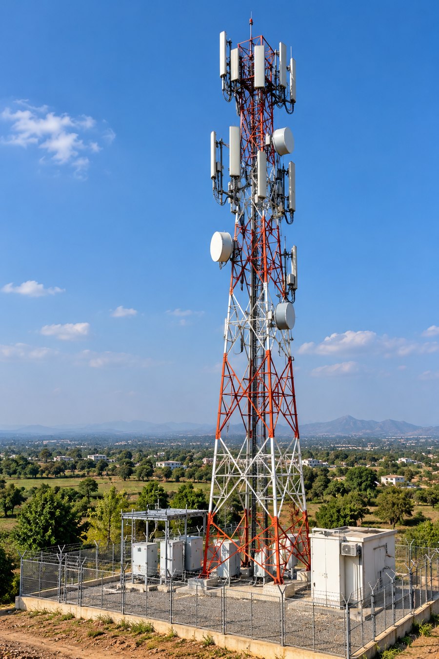 Telecom tower with equipment shelter on a hilltop site